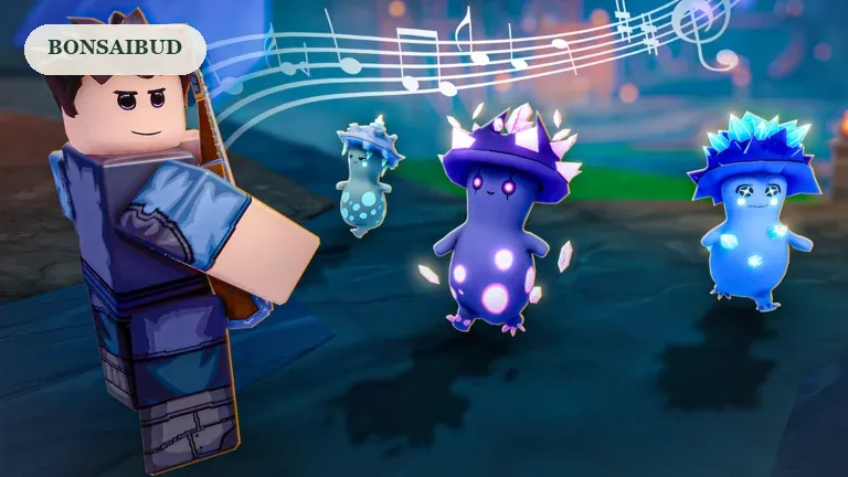SCROOMS promotional artwork of several mushroom creatures beside a player and musical notes, for the Bonsaibud guide.