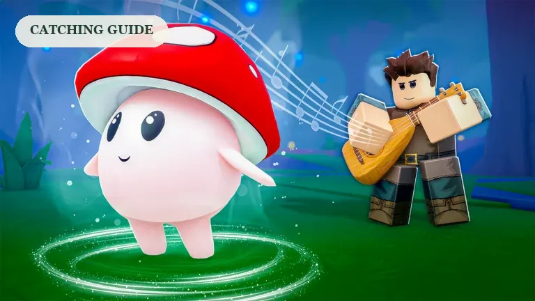 SCROOMS promotional artwork of a mushroom in a glowing ring as a player performs music, for the catching guide.