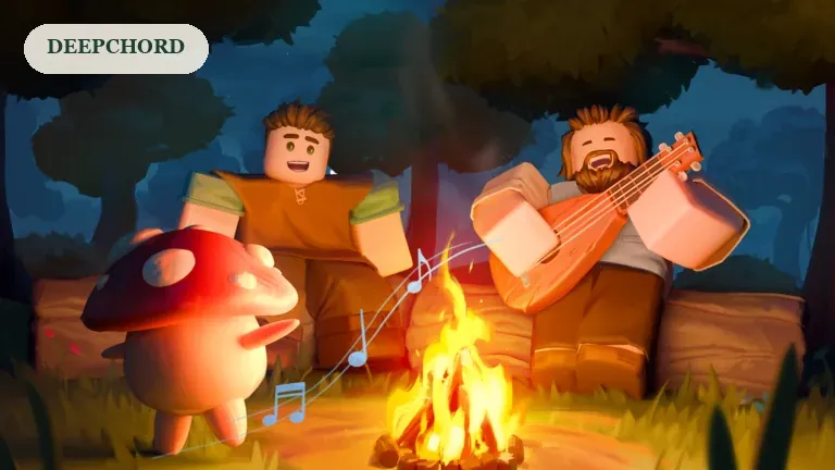 SCROOMS promotional artwork of players making music around a woodland campfire, for the Deepchord guide.
