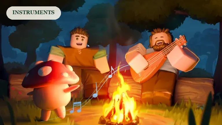 SCROOMS promotional artwork of players making music around a woodland campfire, for the instruments guide.