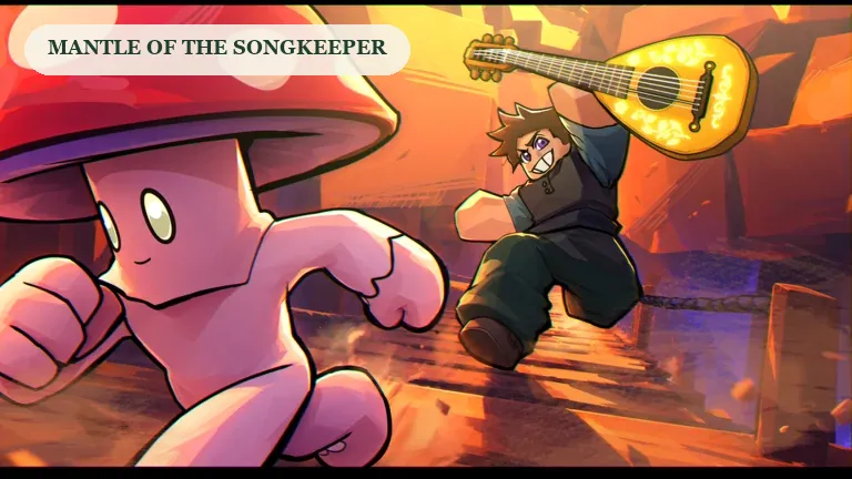 SCROOMS promotional artwork of a red-capped mushroom and a player chasing through a warm landscape, for the Mantle quest guide.