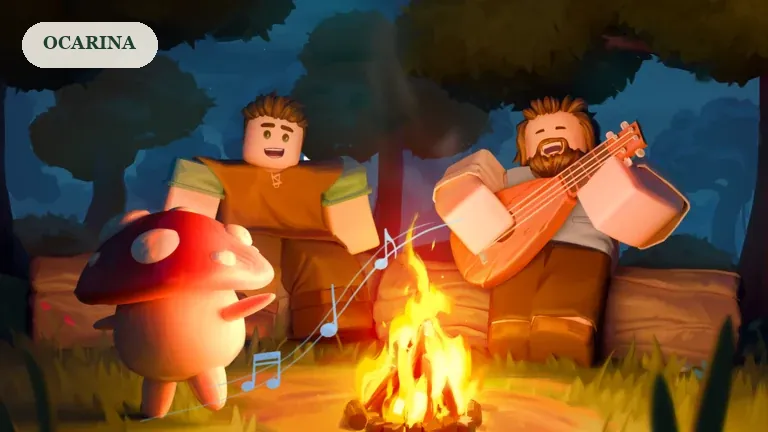 SCROOMS promotional artwork of players making music around a woodland campfire, for the Ocarina guide.