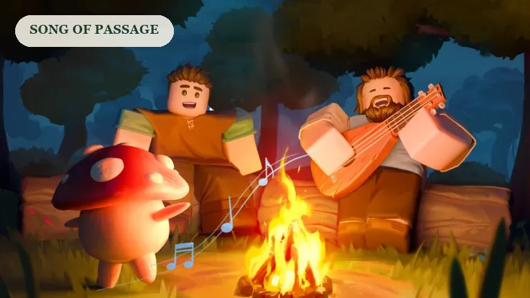 SCROOMS promotional artwork of players making music around a woodland campfire, for the Song of Passage guide.