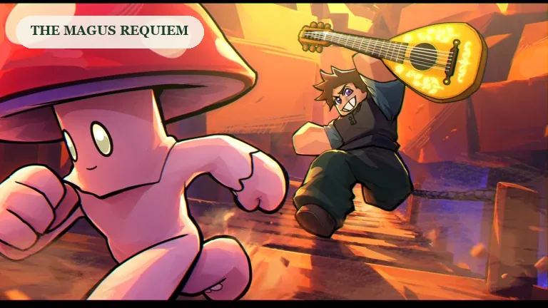 SCROOMS promotional artwork of a red-capped mushroom and a player chasing through a warm landscape, for the Magus requiem quest.
